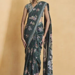 Flamingos In Flight Saree - Green