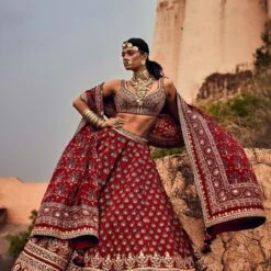 Laukya Ajarakh Lehenga Set- Red