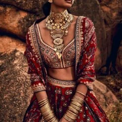 Laukya Ajarakh Lehenga Set- Red -Abhinaya shop ad f21p62 lcd red 5 1