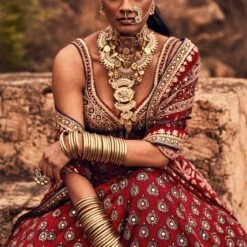 Laukya Ajarakh Lehenga Set- Red -Abhinaya shop ad f21p62 lcd red 6 1