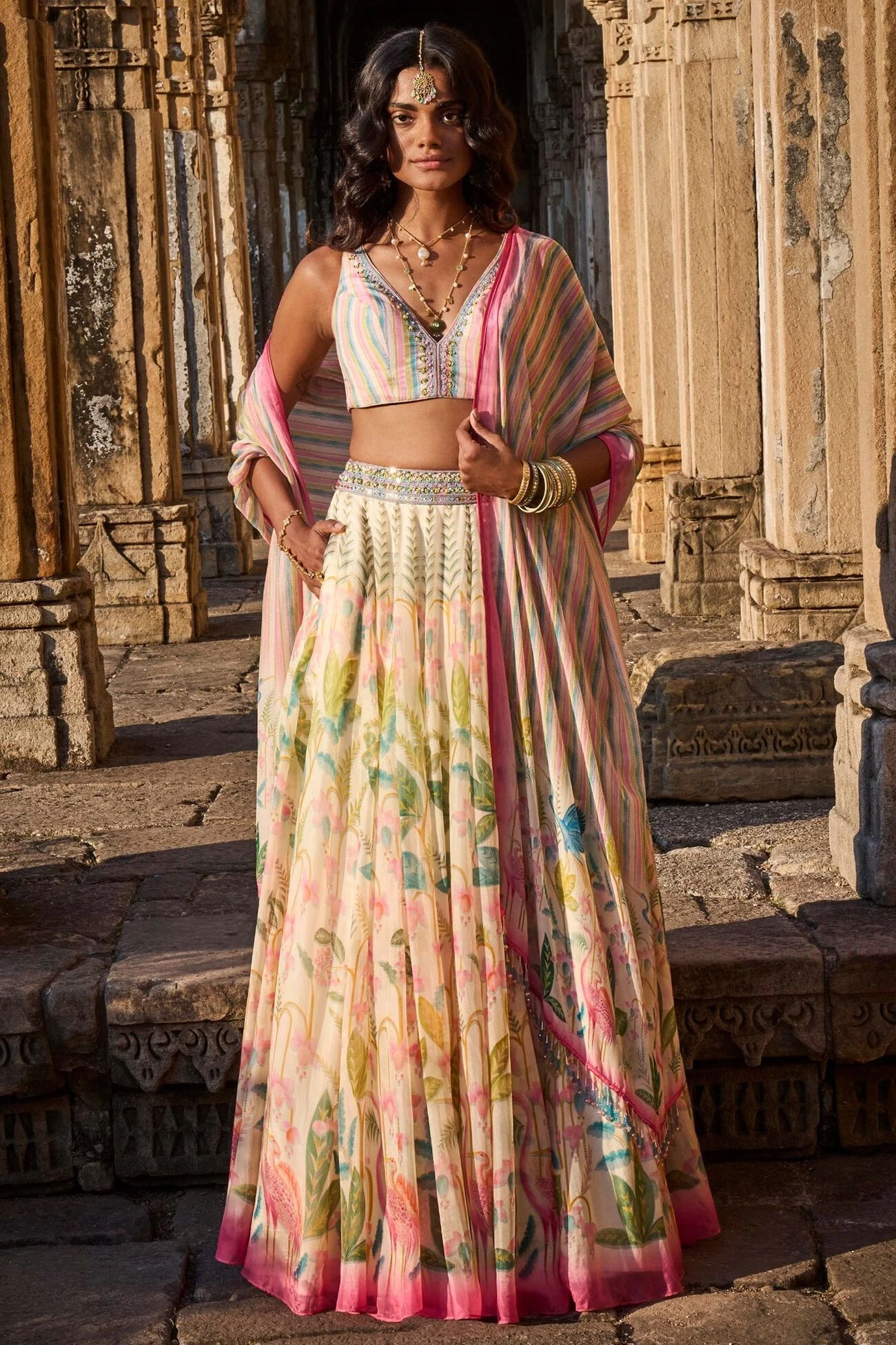 Flamingo Paradise Lehenga Set - Natural 1 Flamingo Paradise Lehenga Set - Natural